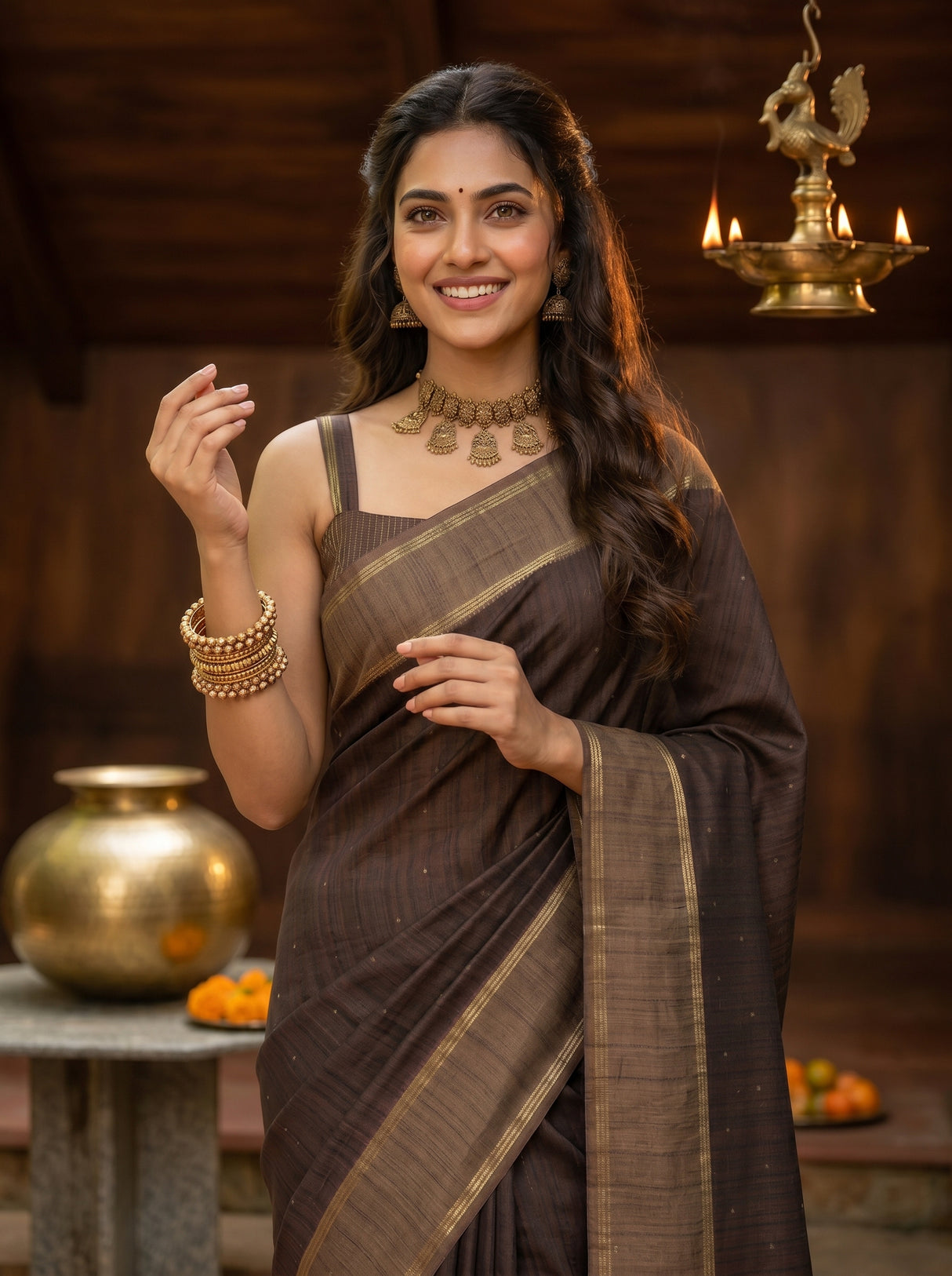 MIMOSA Chocolate Saree Saree — pose 10 styling detail