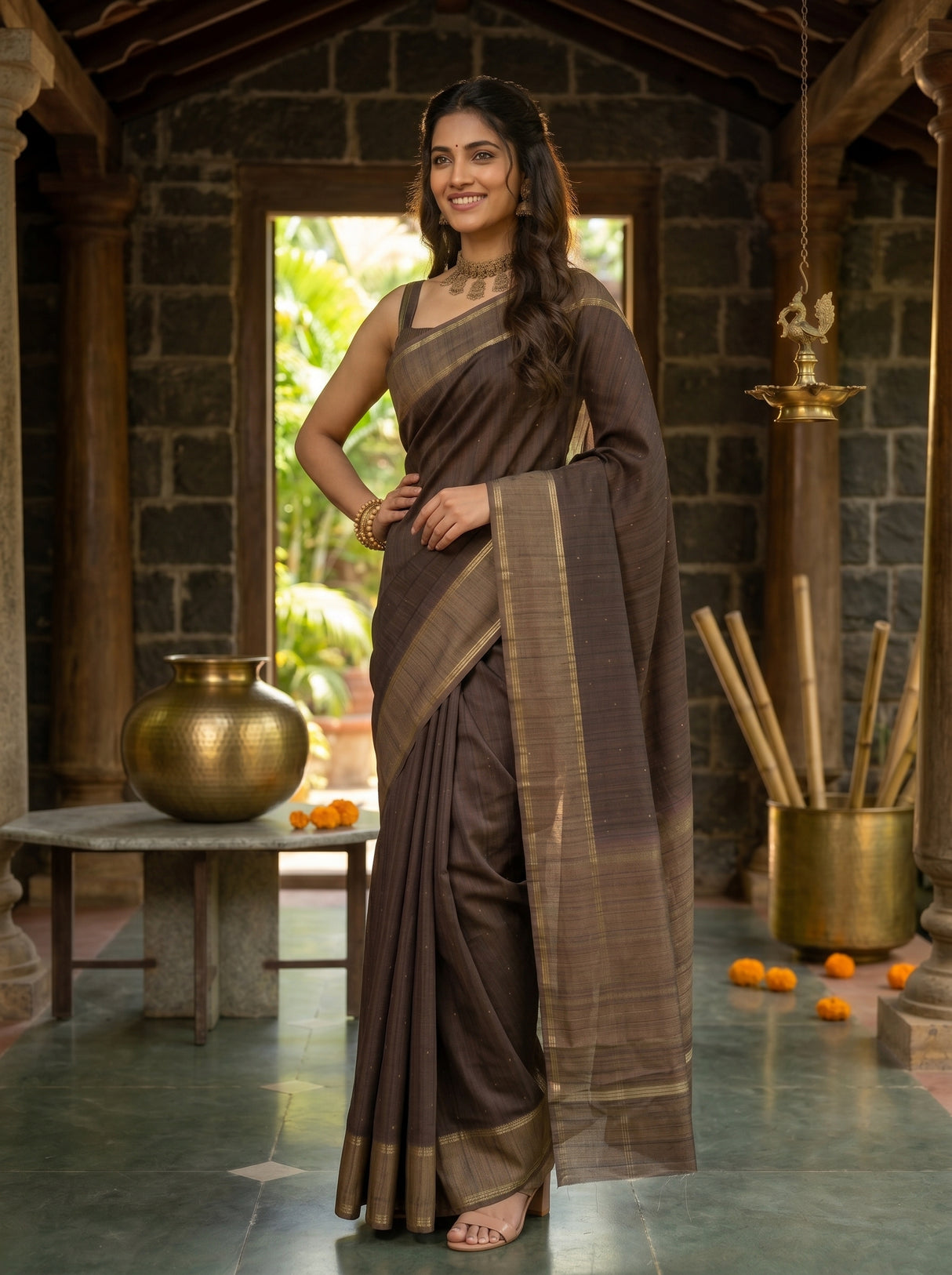 MIMOSA Chocolate Saree Saree — pose 4 styling detail