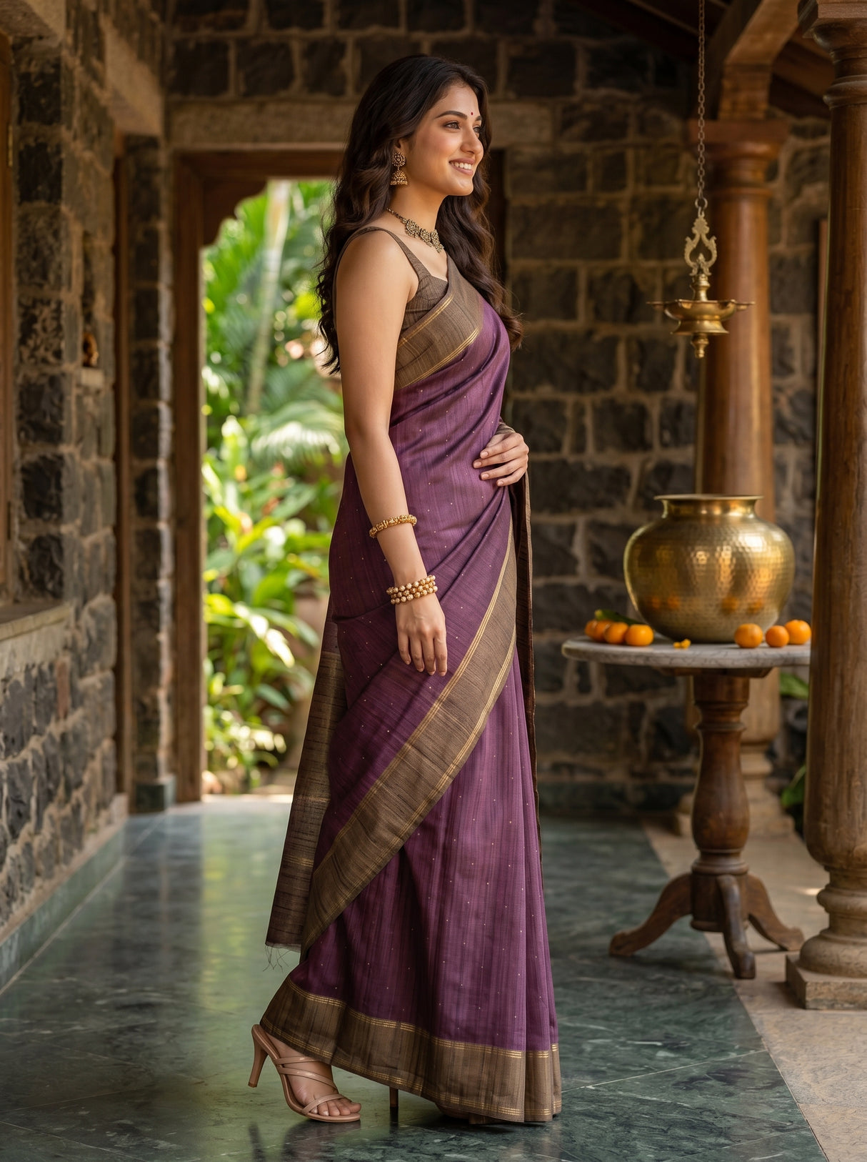 MIMOSA Wine Saree Saree — pose 3 styling detail
