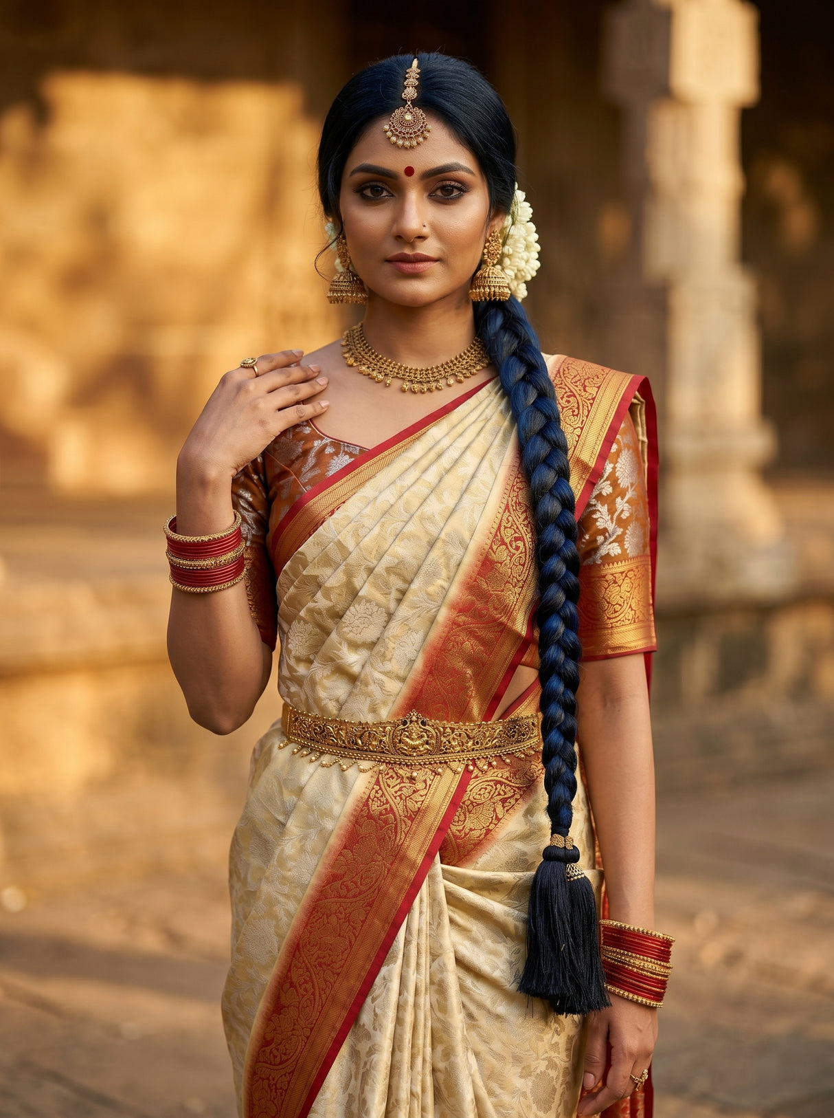 MIMOSA White Kanjivaram Saree — pose 10 styling detail