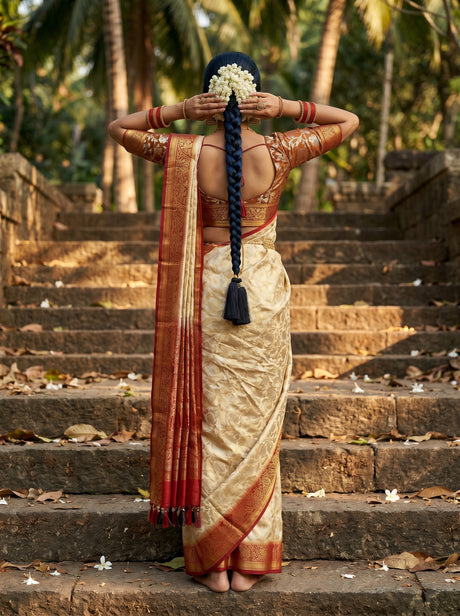 MIMOSA White Kanjivaram Saree — pose 2 styling detail