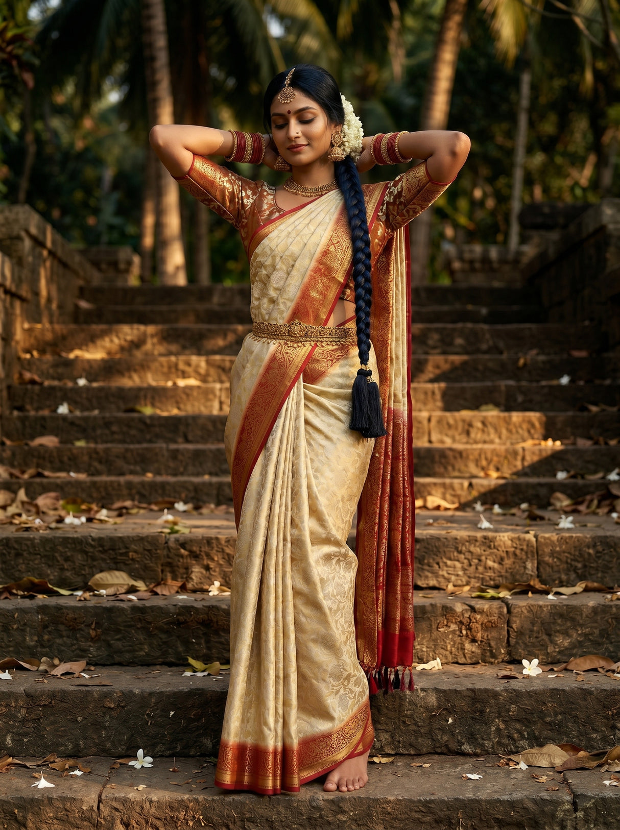 MIMOSA White Kanjivaram Saree — pose 5 styling detail