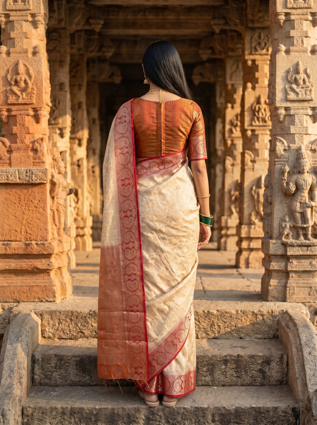 MIMOSA White Kanjivaram Art Silk Saree — Model close-up face