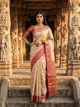 MIMOSA White Kanjivaram Art Silk Saree — Model close-up lower section with feet