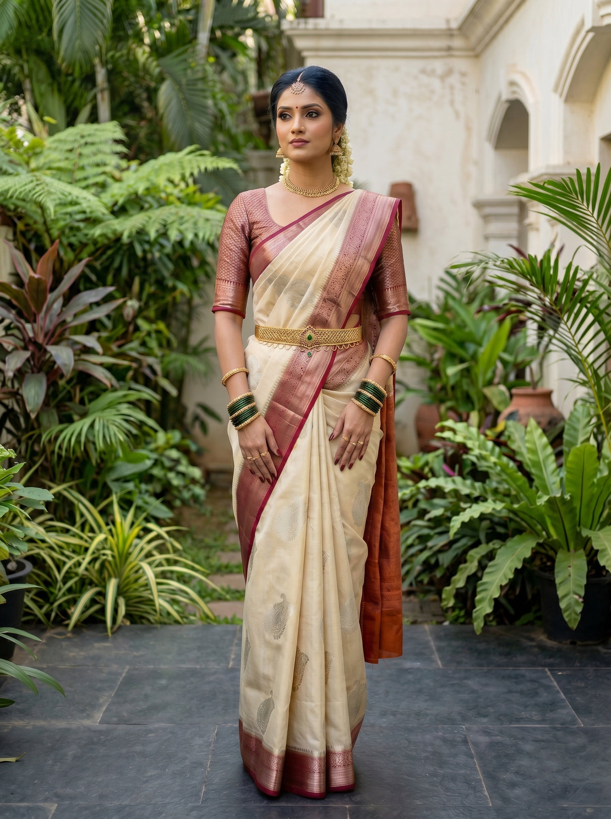MIMOSA White Kanjivaram Saree — pose 5 styling detail