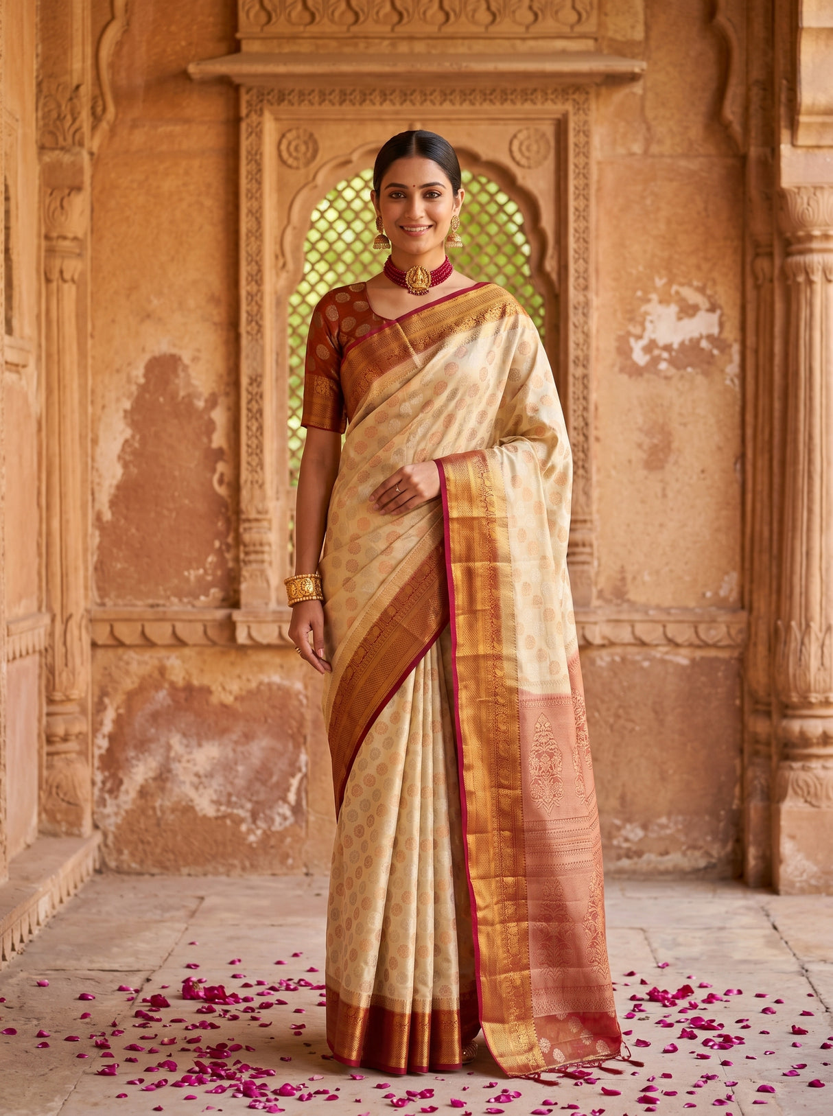 MIMOSA White Kanjivaram Art Silk Saree — Model lifestyle pose