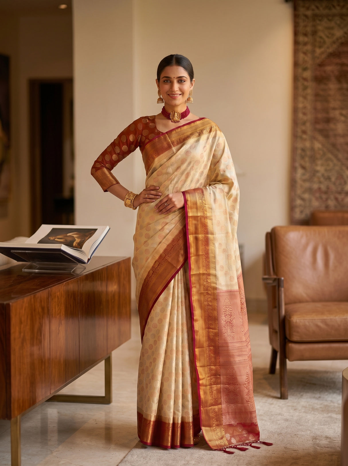 MIMOSA White Kanjivaram Art Silk Saree — pose 4 styling detail
