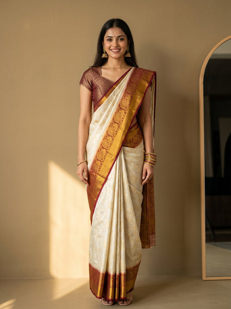 MIMOSA White Kanjivaram Art Silk Saree — Model lifestyle pose