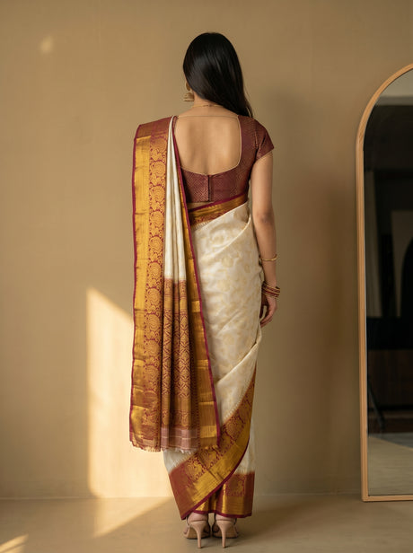 MIMOSA White Kanjivaram Art Silk Saree — Model close-up smiling