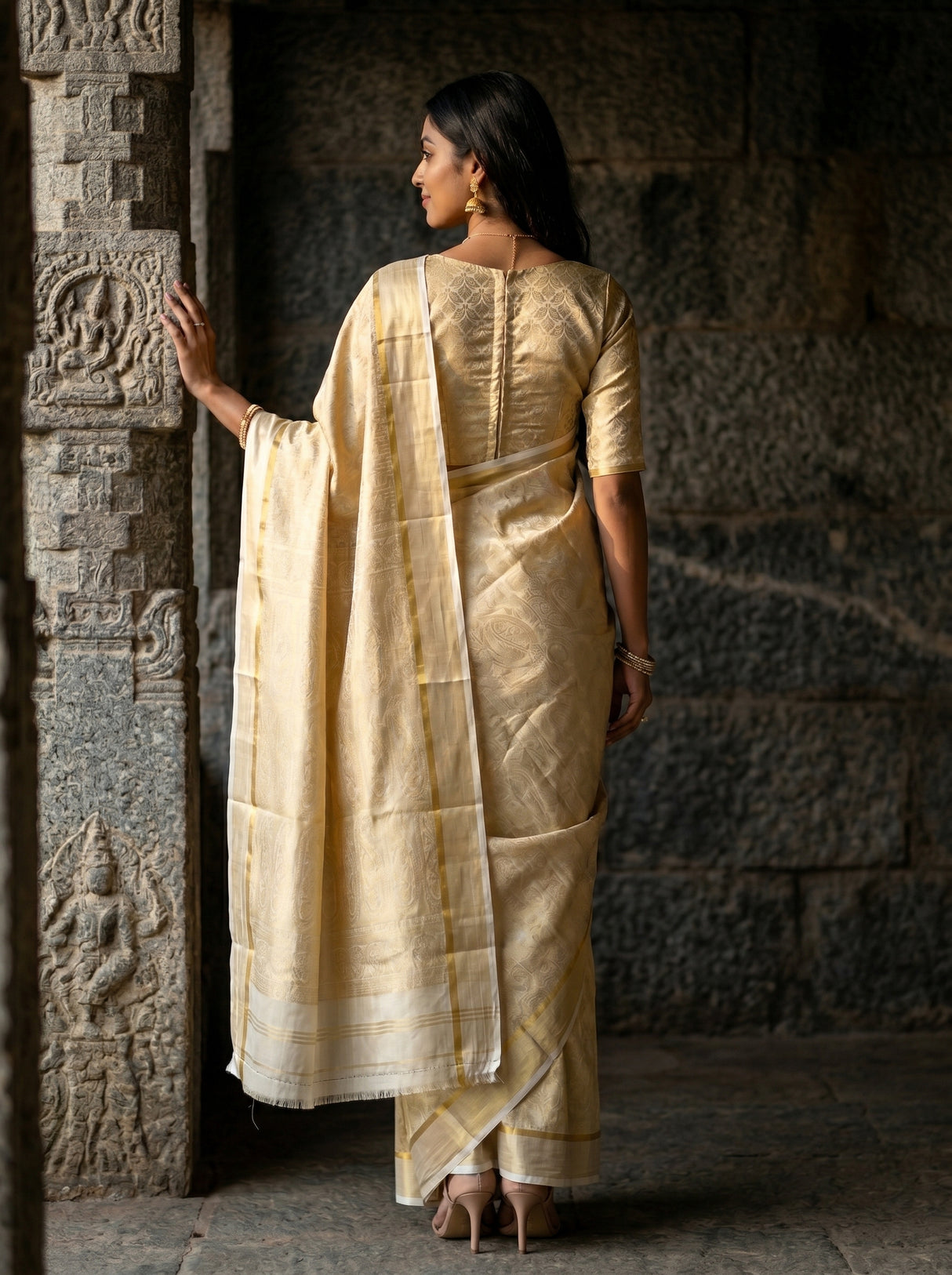 MIMOSA White Mysore Silk Saree — pose 2 styling detail