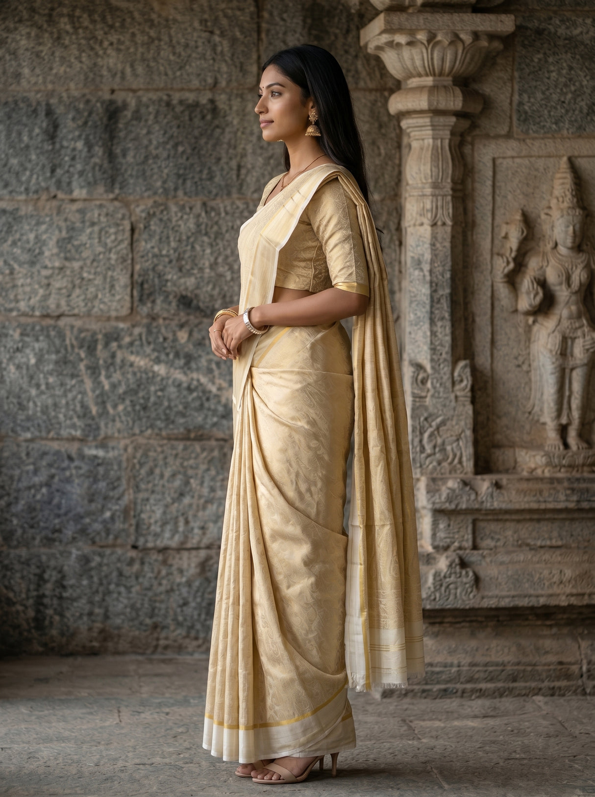 MIMOSA White Mysore Silk Saree — pose 3 styling detail