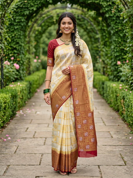 MIMOSA White Kanjivaram Art Silk Saree — full body pose
