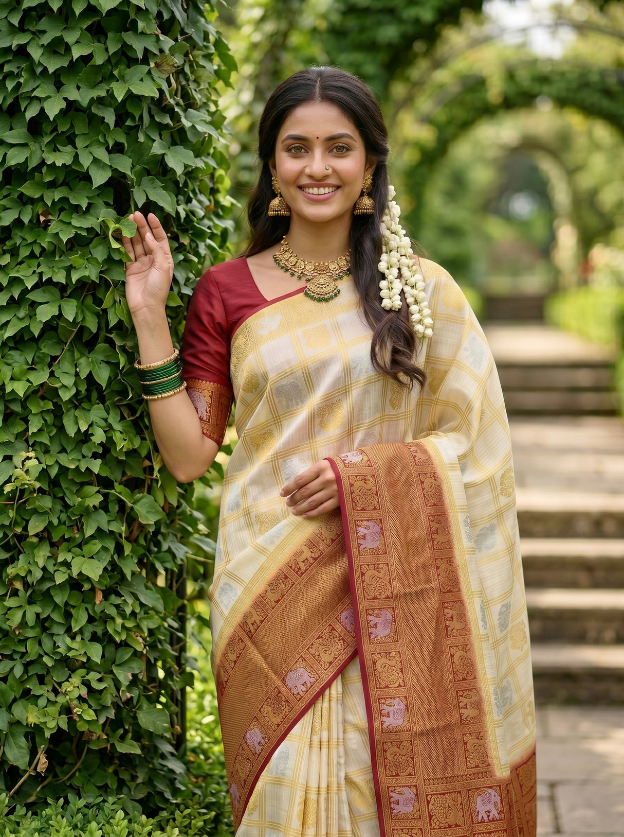 MIMOSA White Kanjivaram Art Silk Saree — feet and path crop