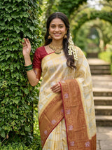 MIMOSA White Kanjivaram Art Silk Saree — feet and path crop