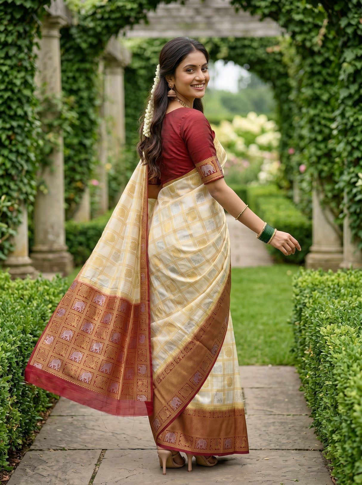 MIMOSA White Kanjivaram Art Silk Saree — hand and path crop