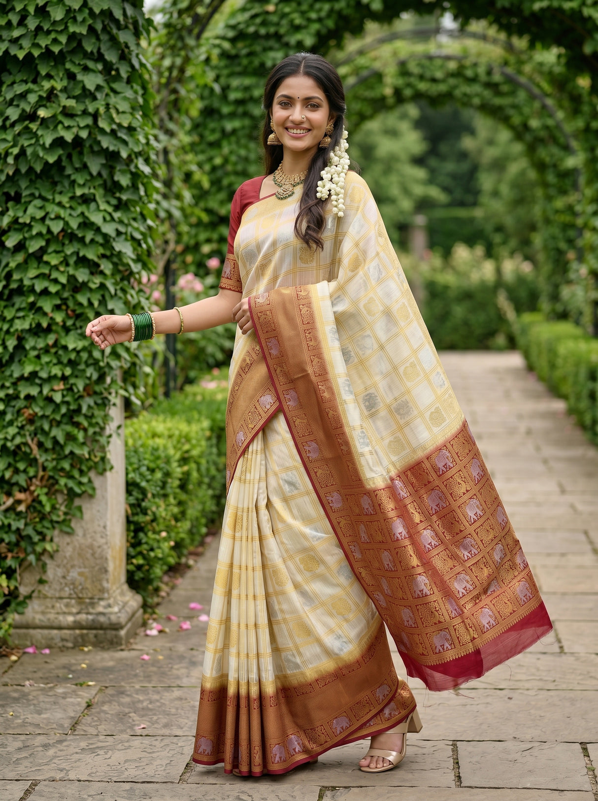 MIMOSA White Kanjivaram Art Silk Saree — pallu detail crop