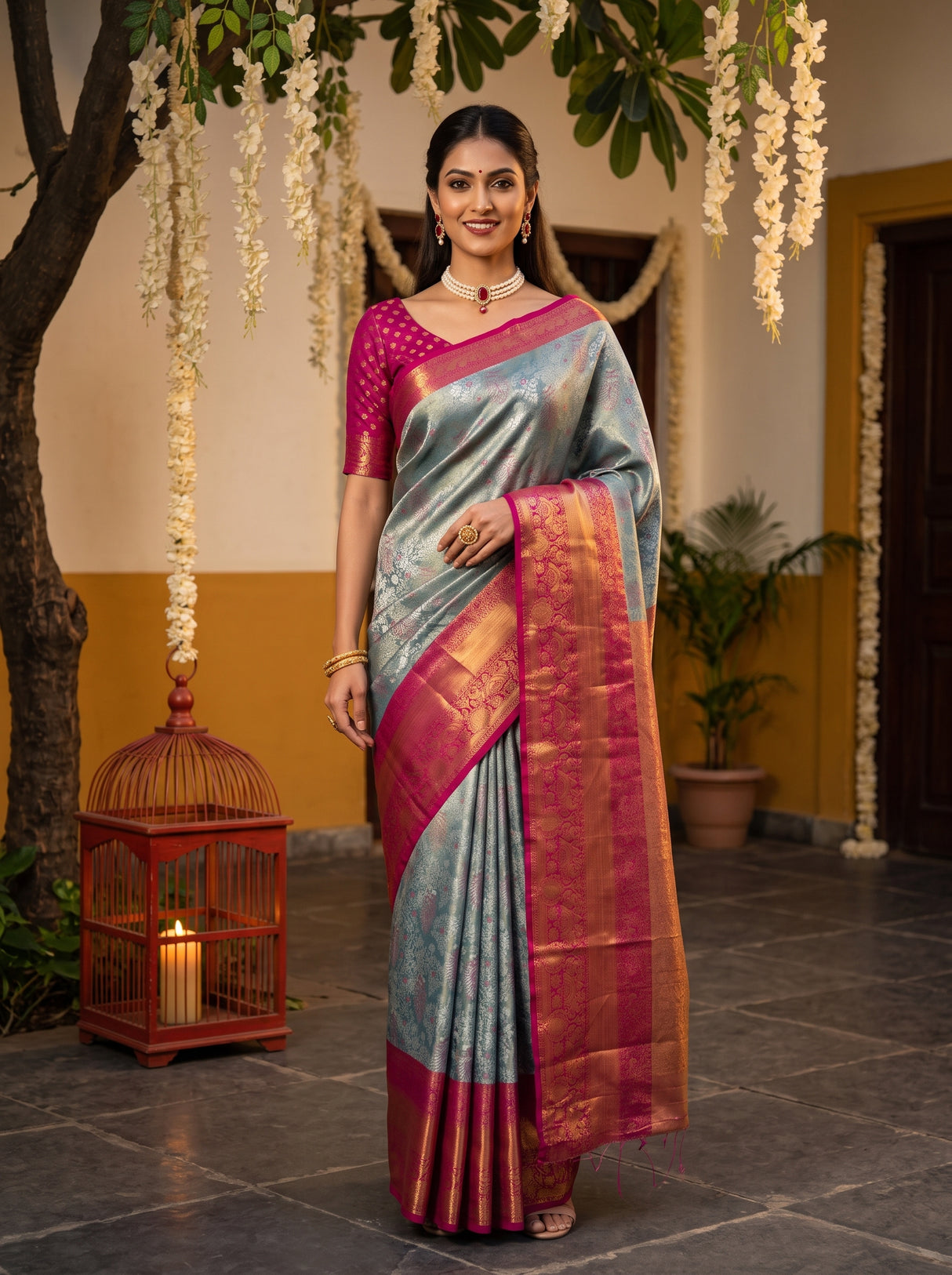 MIMOSA Sapphire Saree Saree — front view on mannequin