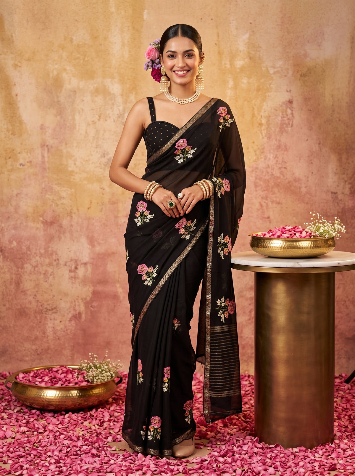 MIMOSA Black Jaipur Saree — front view on mannequin