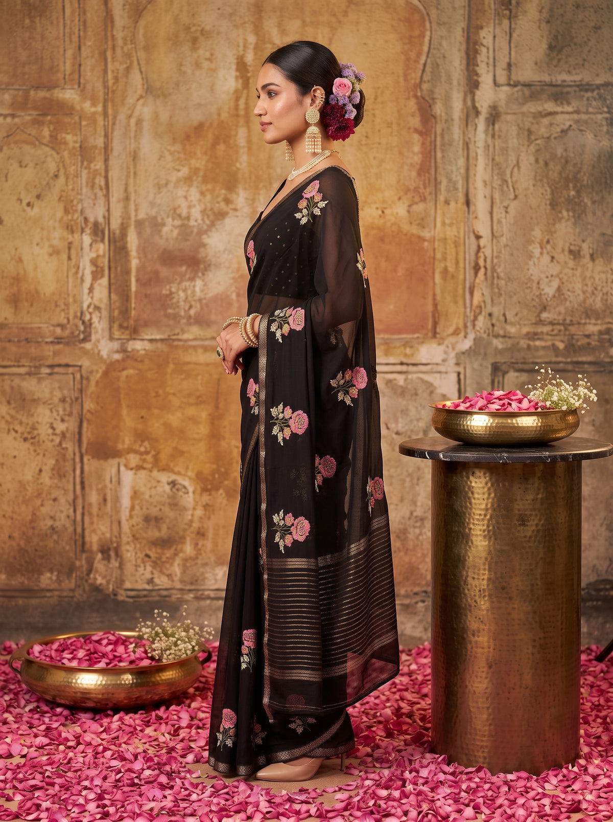 MIMOSA Black Jaipur Saree — pose 3 styling detail