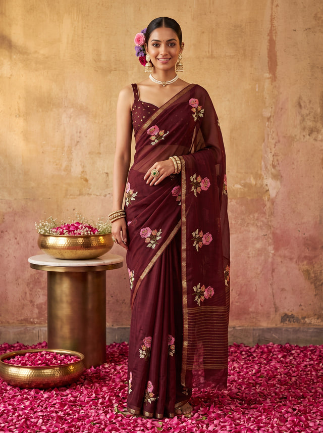 MIMOSA Chocolate Jaipur Saree — front view on mannequin