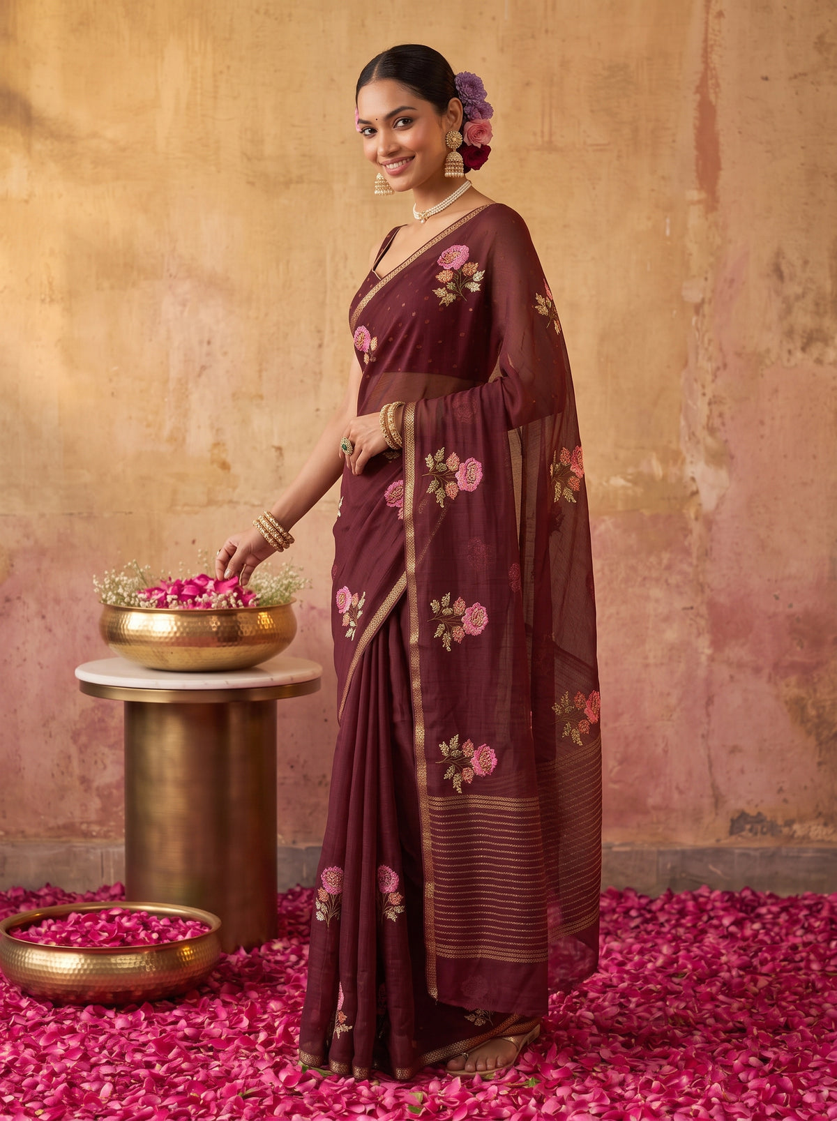 MIMOSA Chocolate Jaipur Saree — pose 5 styling detail