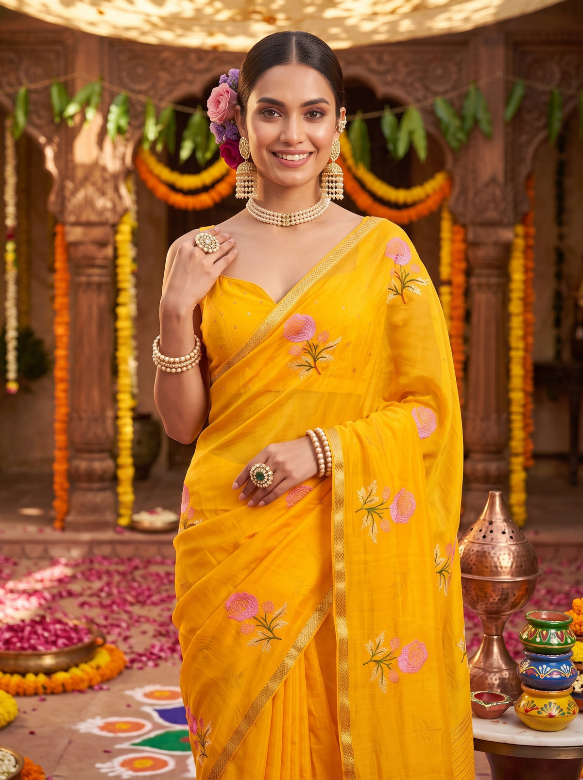 MIMOSA Gold Jaipur Saree — pose 10 styling detail