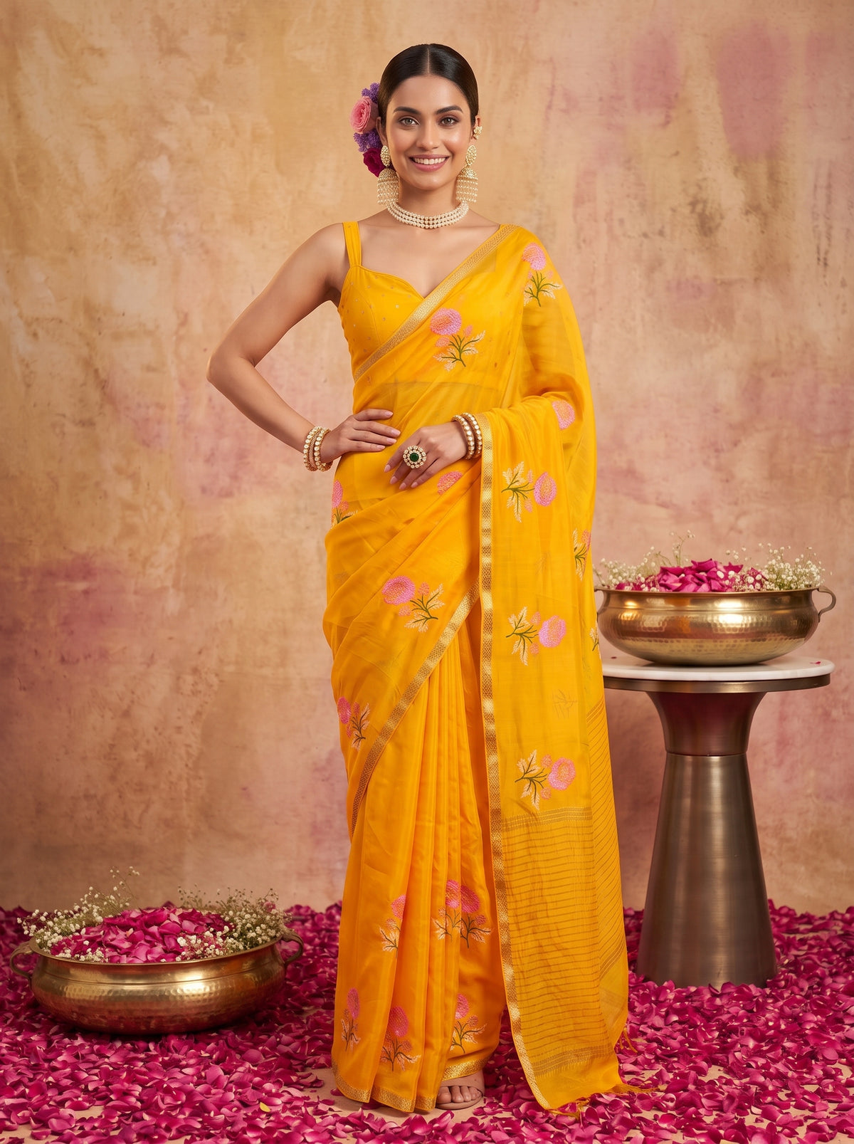 MIMOSA Gold Jaipur Saree — pose 4 styling detail