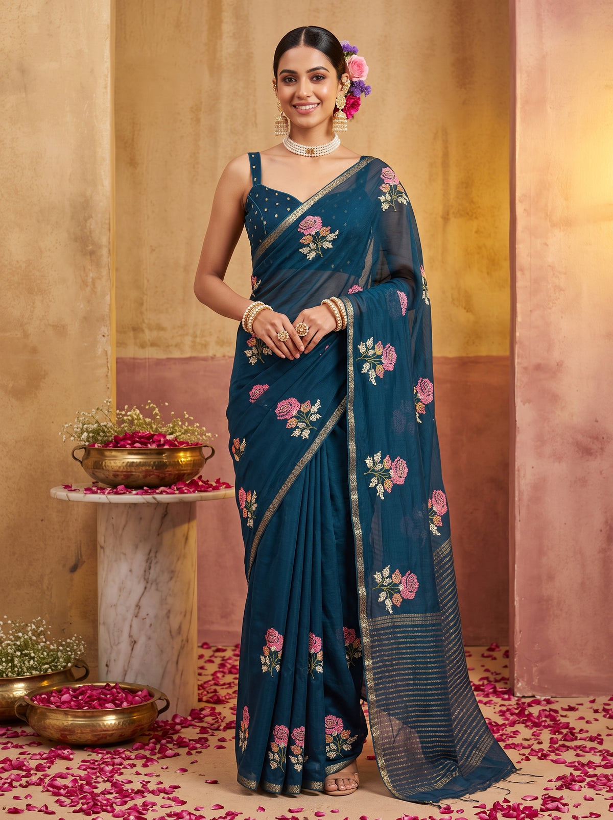 MIMOSA Navy Jaipur Saree — front view on mannequin