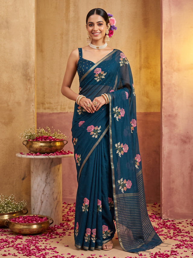 MIMOSA Navy Jaipur Saree — front view on mannequin