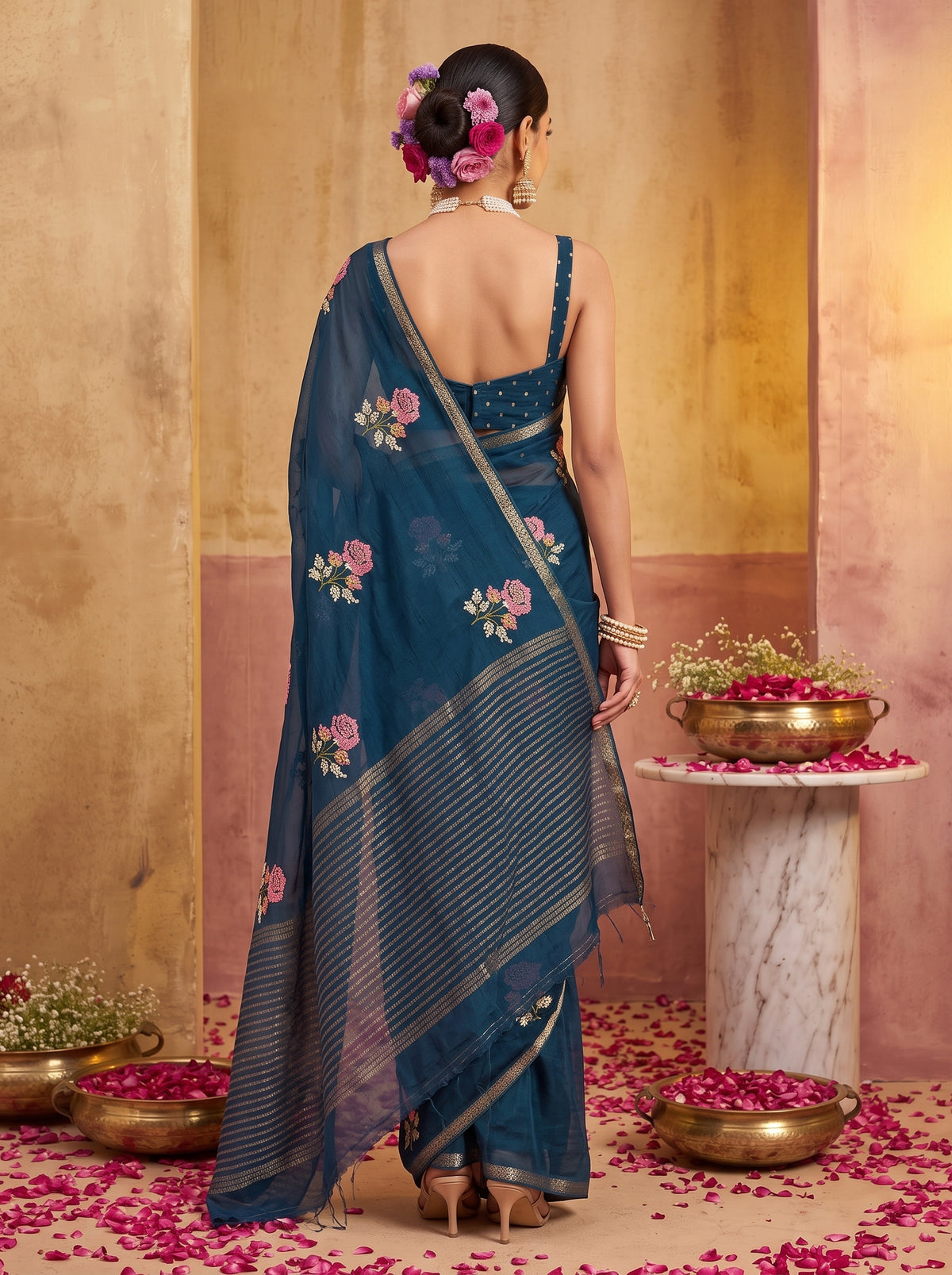 MIMOSA Navy Jaipur Saree — pose 2 styling detail