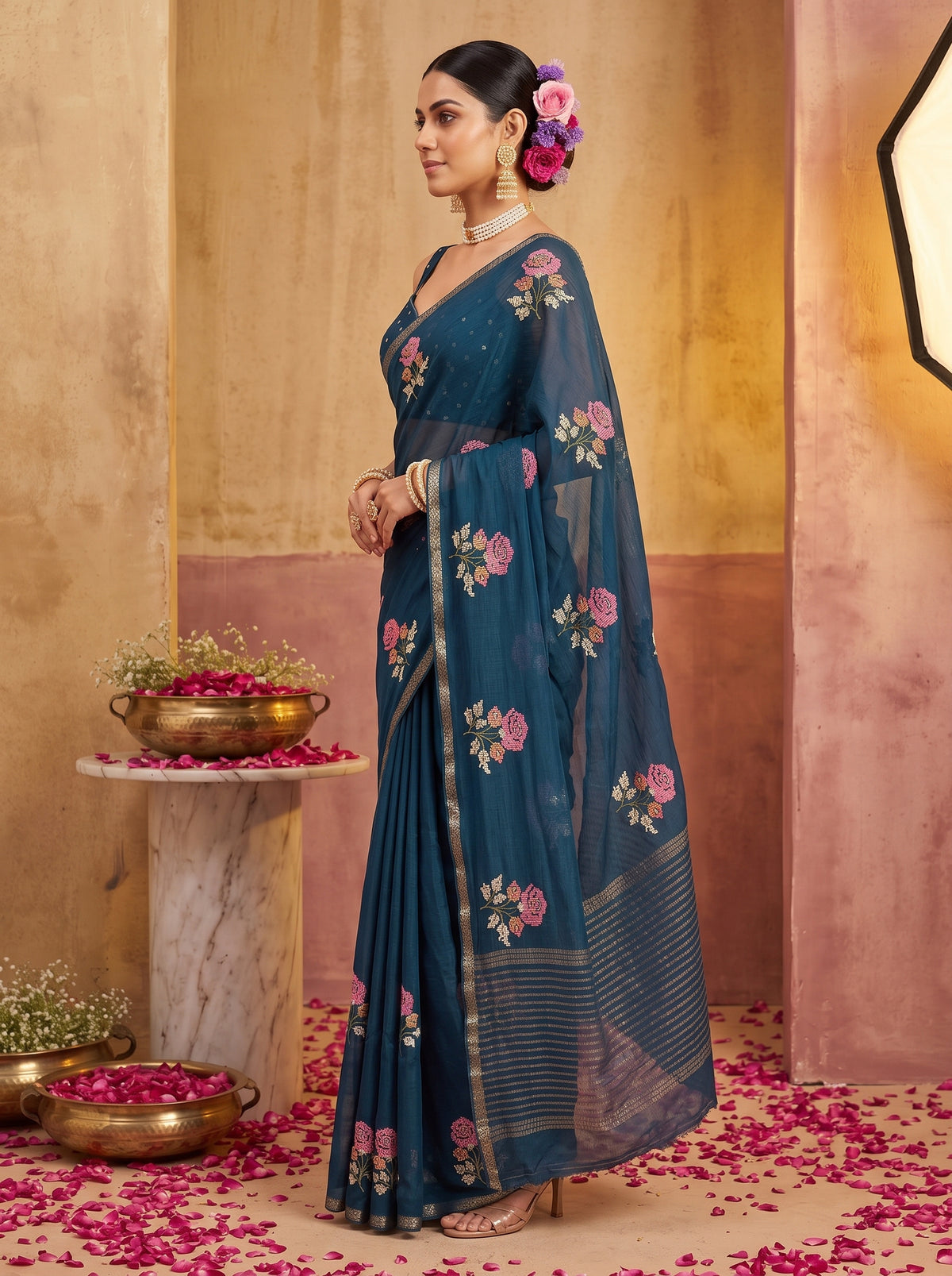 MIMOSA Navy Jaipur Saree — pose 3 styling detail