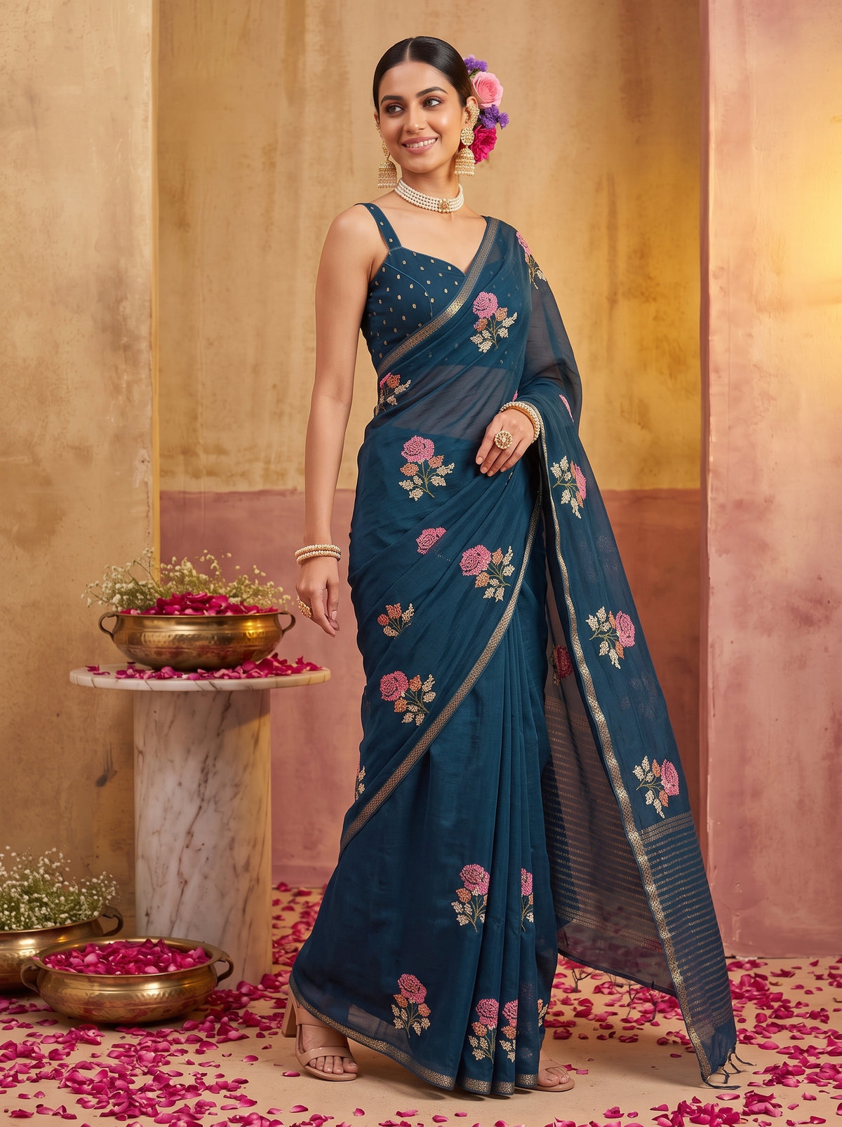 MIMOSA Navy Jaipur Saree — pose 9 styling detail