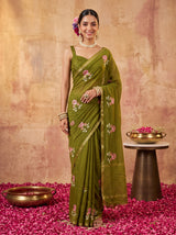 MIMOSA Olive Jaipur Saree — front view on mannequin
