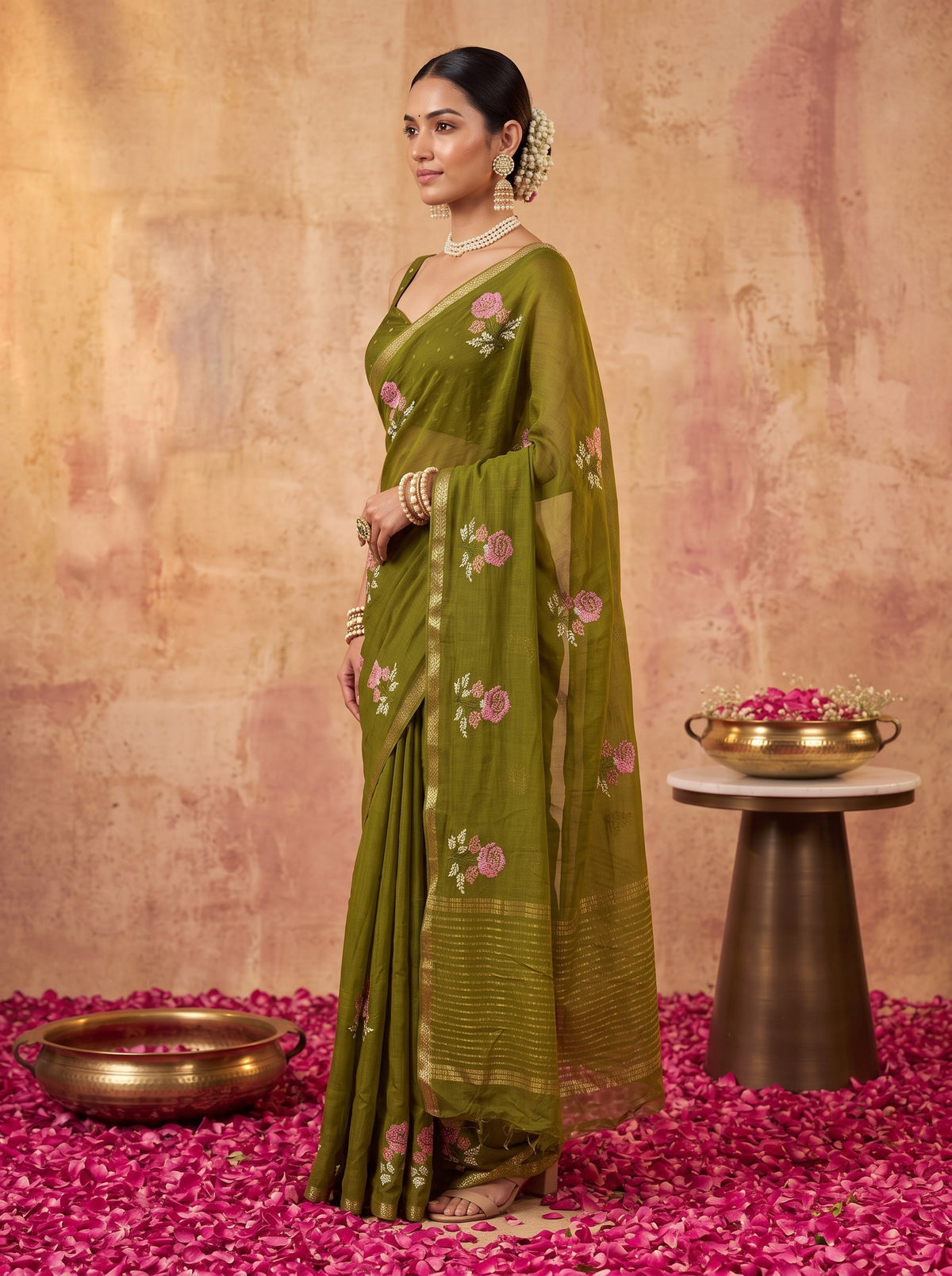 MIMOSA Olive Jaipur Saree — pose 3 styling detail