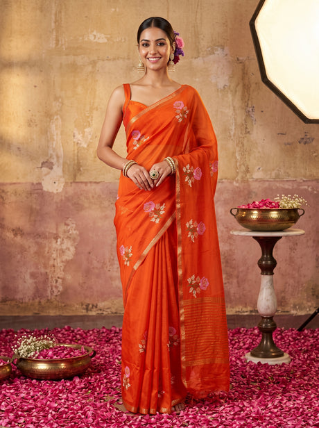 MIMOSA Orange Jaipur Saree — front view on mannequin