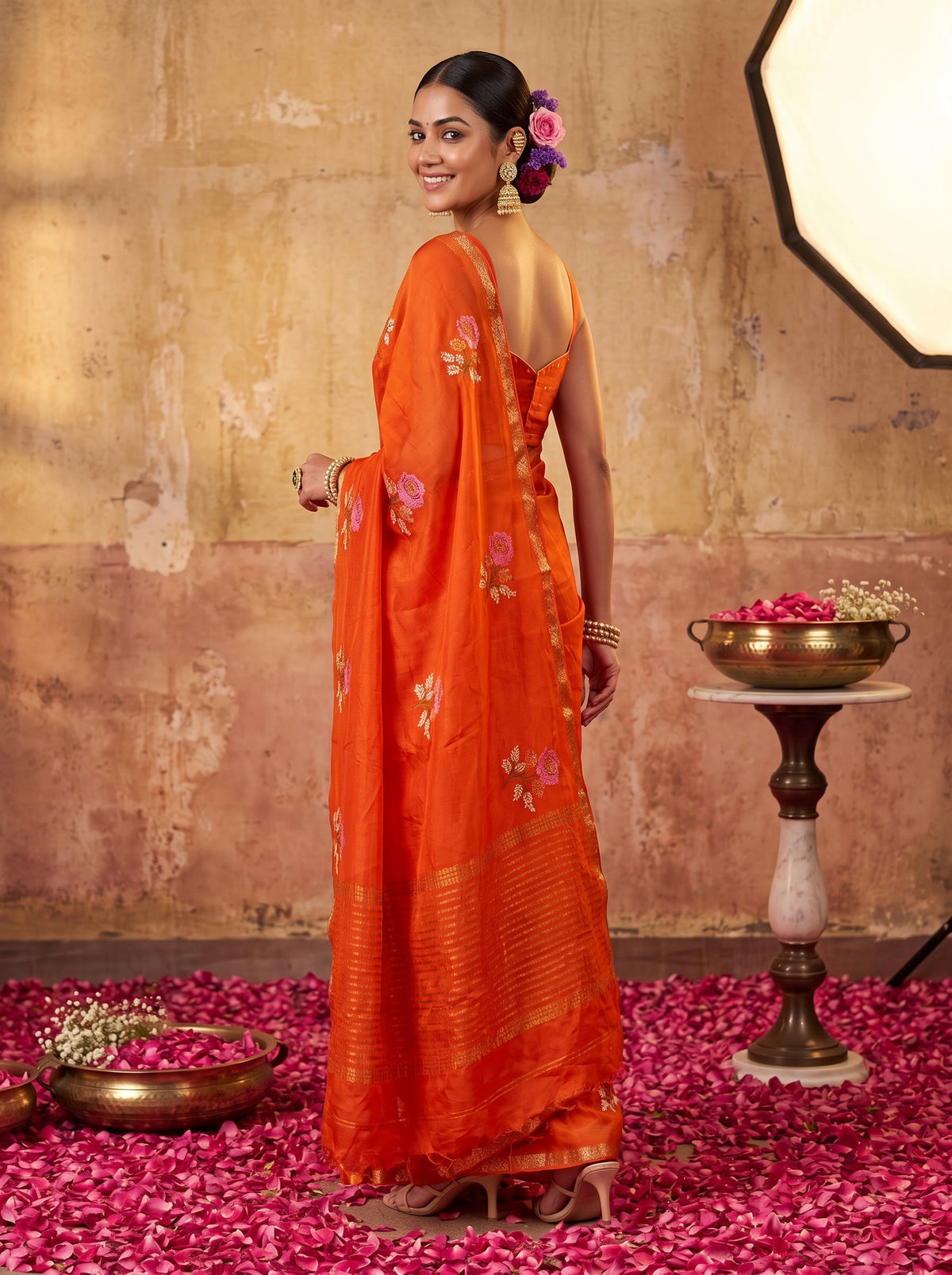 MIMOSA Orange Jaipur Saree — pose 7 styling detail