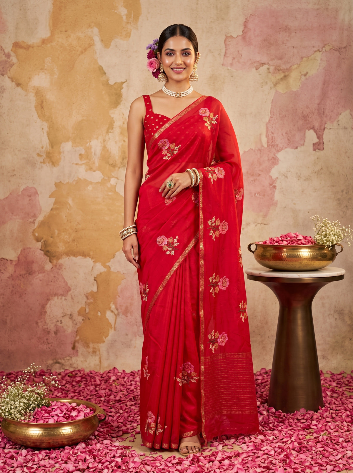 MIMOSA Red Jaipur Saree — front view on mannequin
