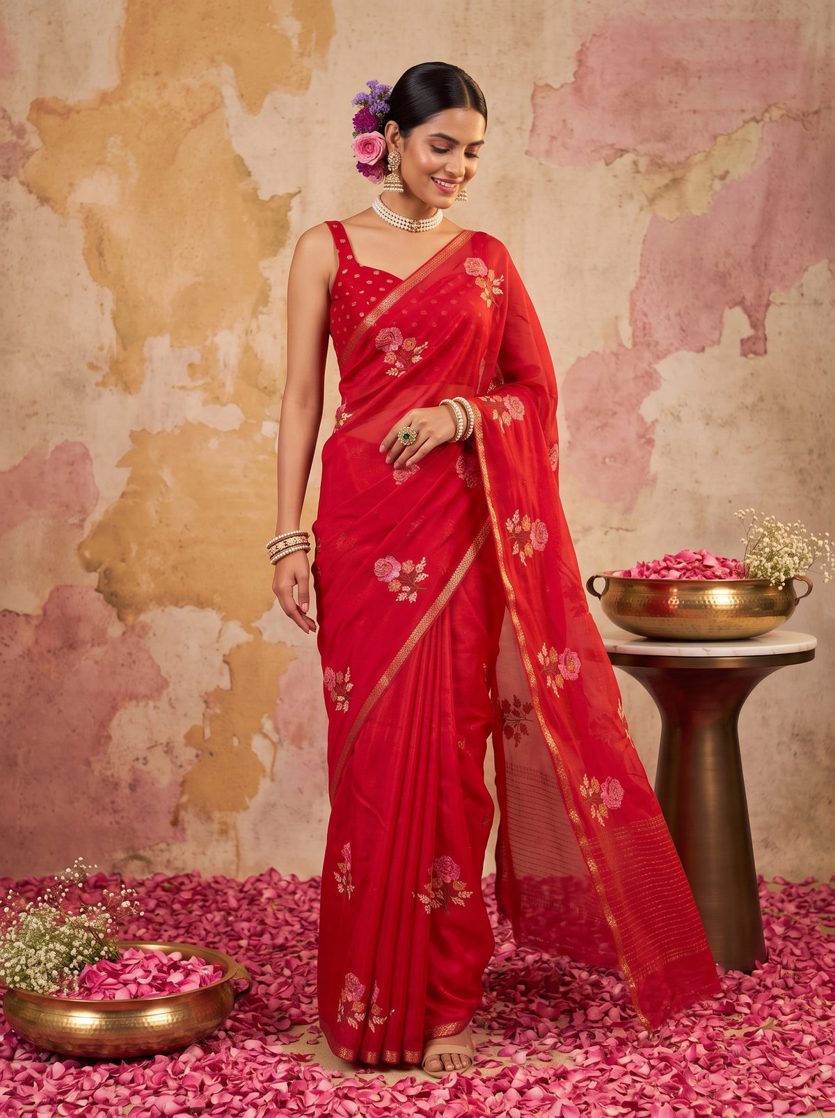 MIMOSA Red Jaipur Saree — pose 9 styling detail