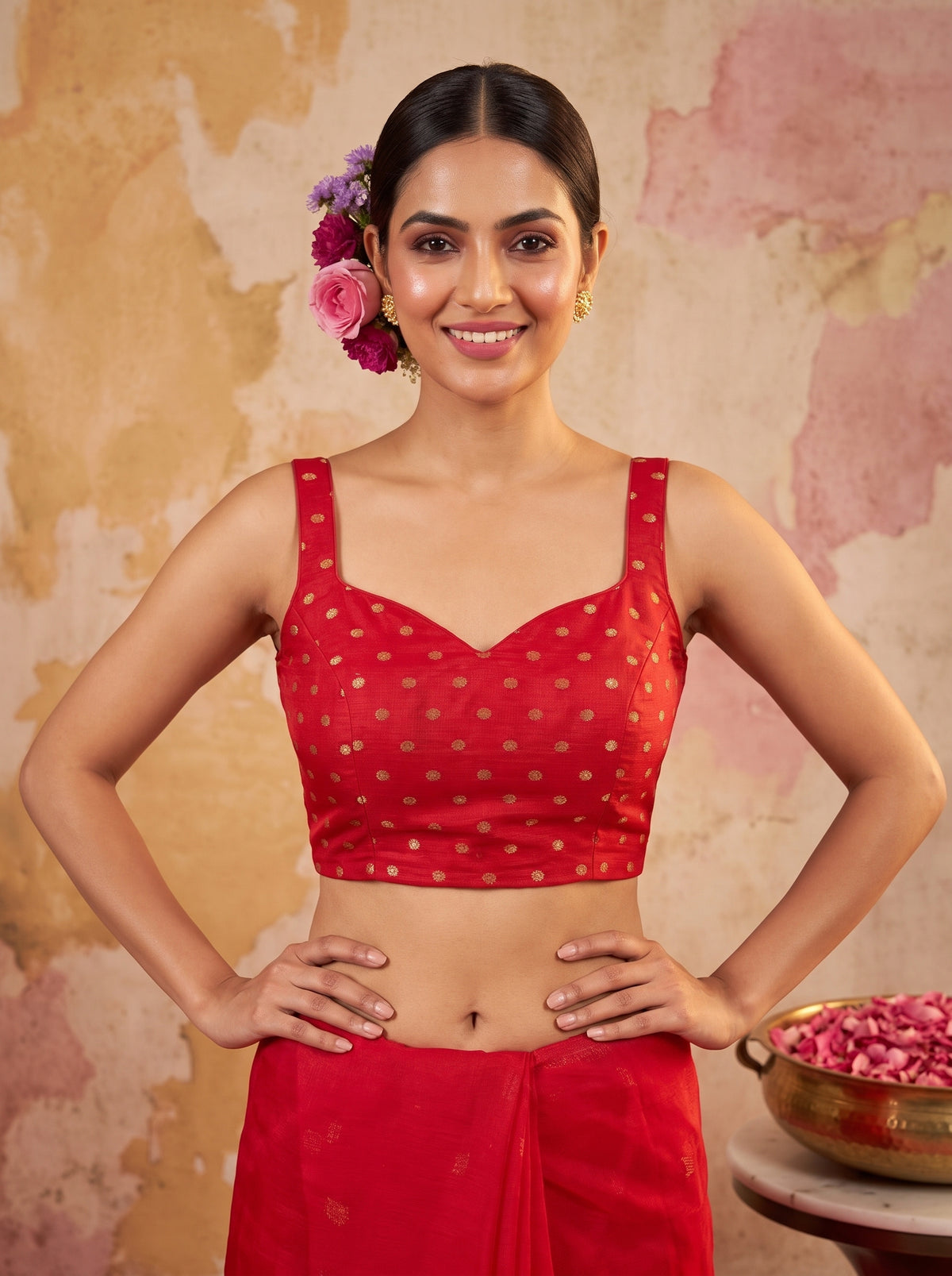 MIMOSA Red Jaipur Saree — blouse close-up