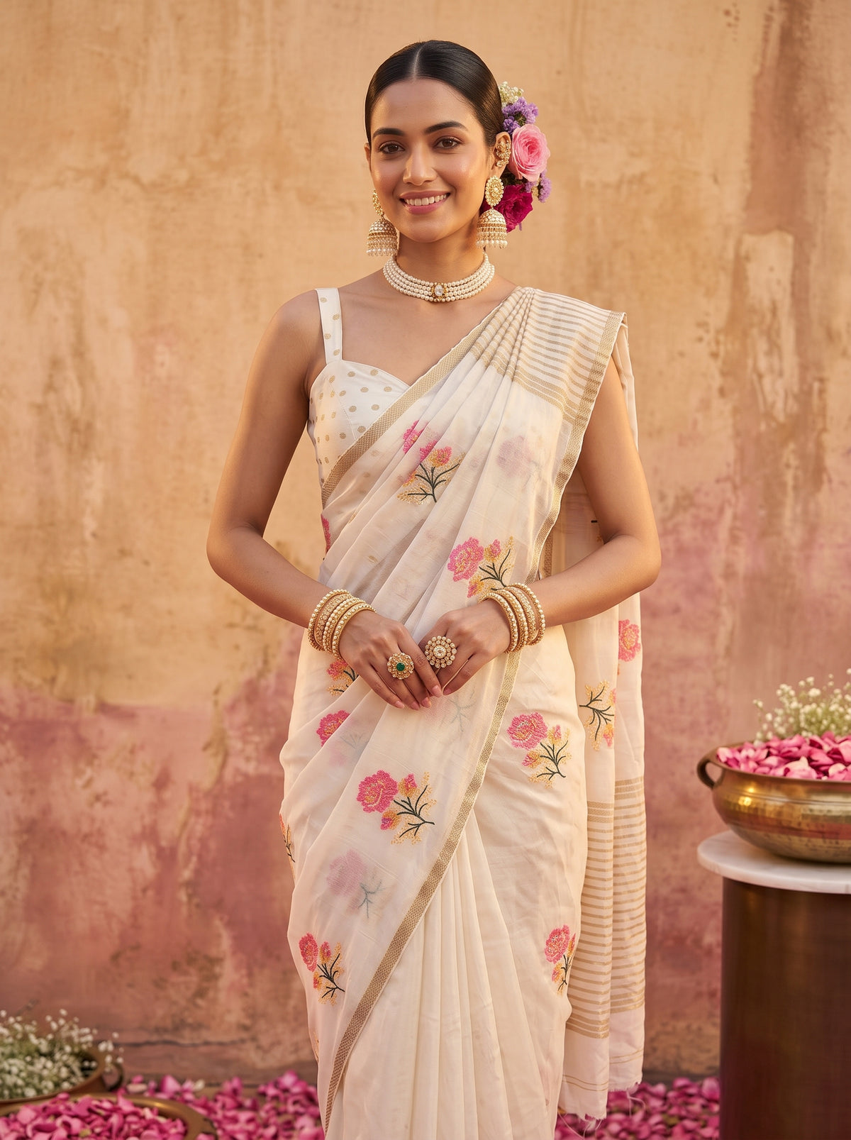 MIMOSA White Jaipur Saree — pose 10 styling detail