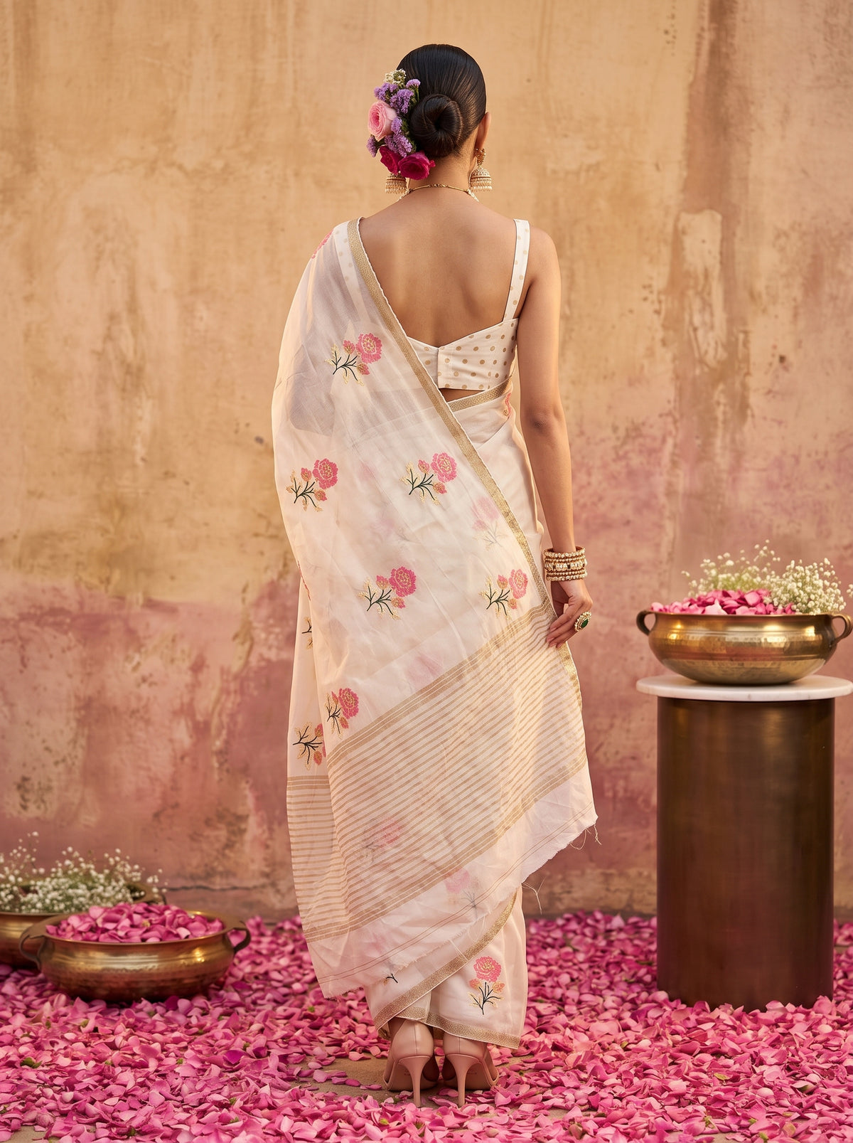 MIMOSA White Jaipur Saree — pose 2 styling detail