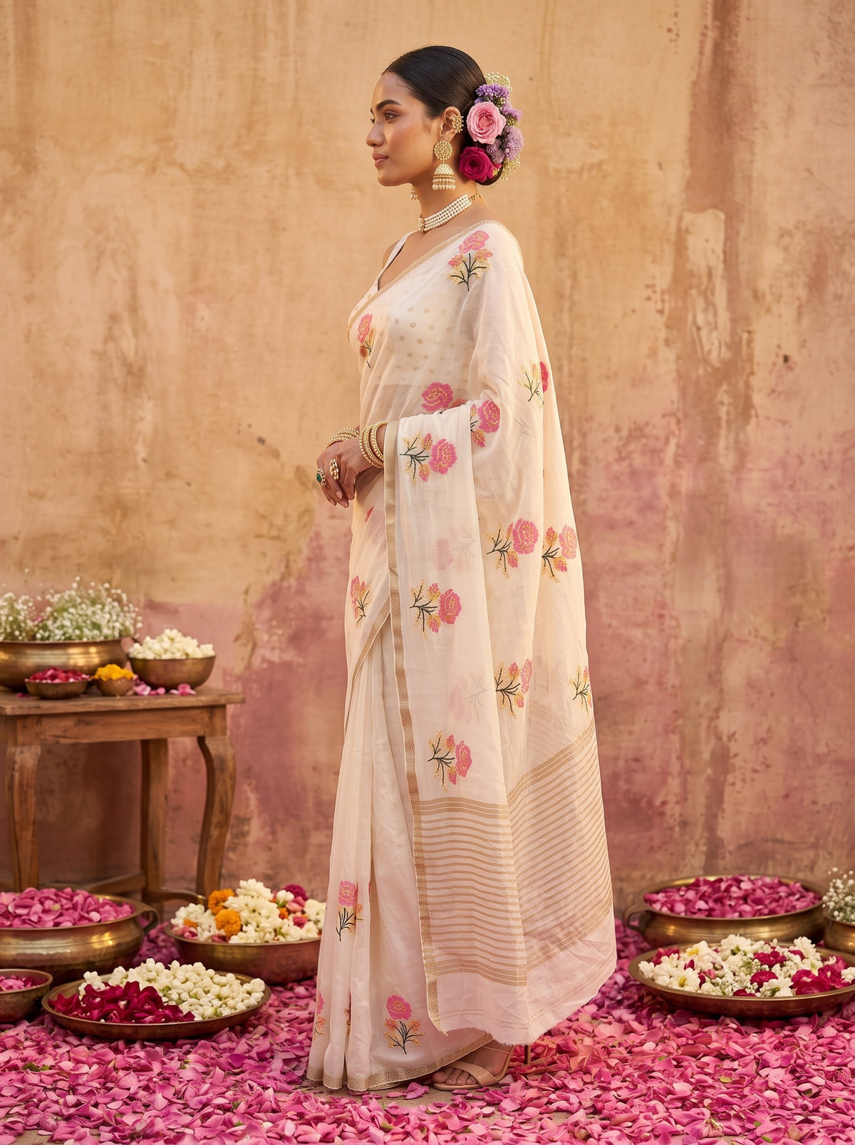 MIMOSA White Jaipur Saree — pose 3 styling detail