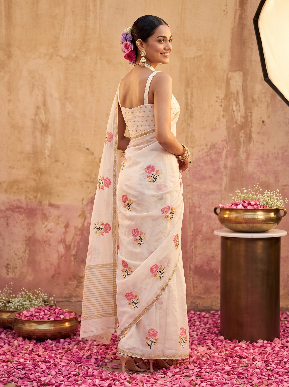 MIMOSA White Jaipur Saree — pose 5 styling detail