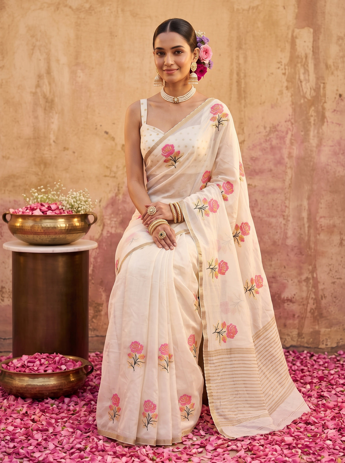 MIMOSA White Jaipur Saree — pose 8 styling detail