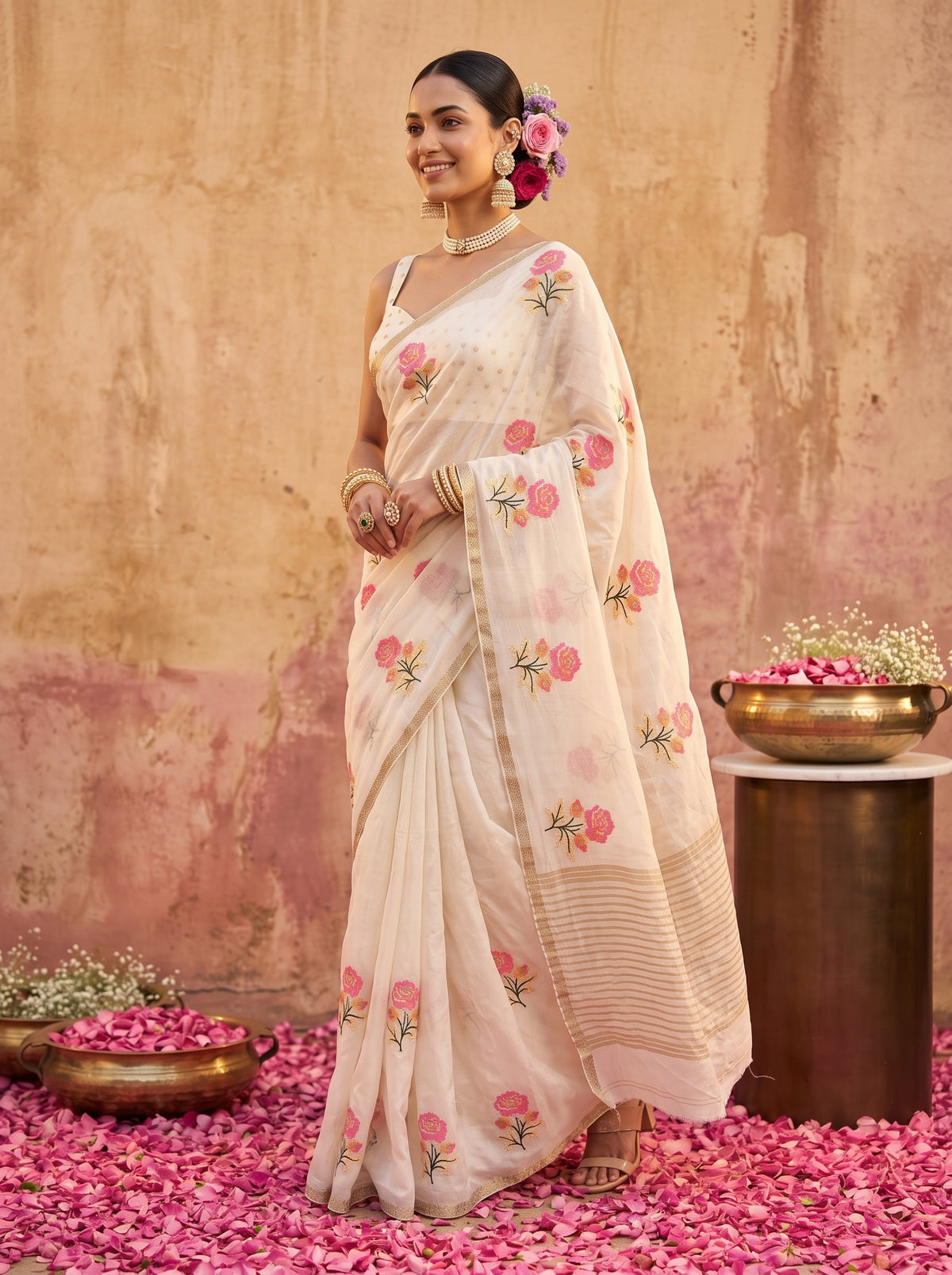 MIMOSA White Jaipur Saree — pose 9 styling detail