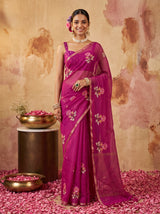 MIMOSA Wine Jaipur Saree — front view on mannequin