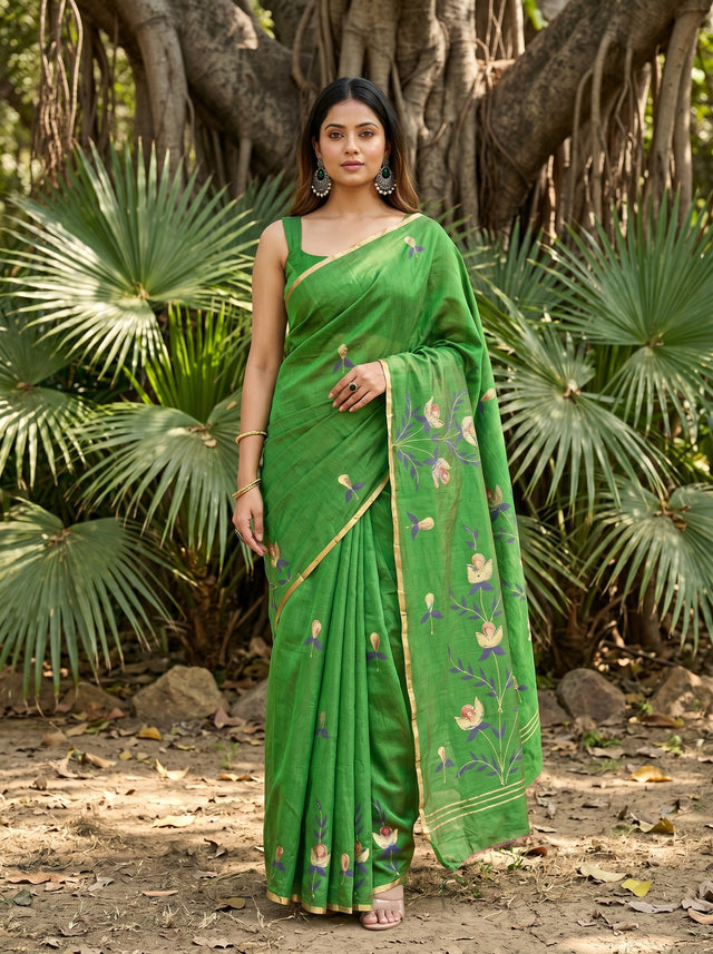 MIMOSA Green Banarasi Art Silk Saree — Model Lifestyle Pose