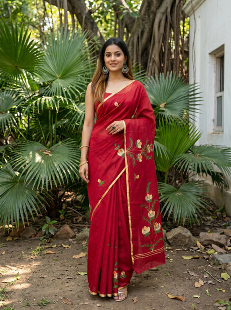 MIMOSA Maroon Banarasi Art Silk Saree — Model Lifestyle Pose
