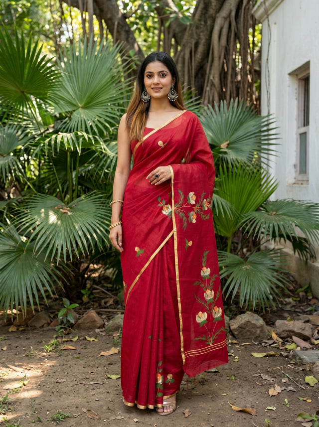 MIMOSA Maroon Banarasi Art Silk Saree — Model Lifestyle Pose