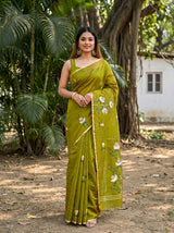 MIMOSA Olive Banarasi Art Silk Saree — Model Lifestyle Pose